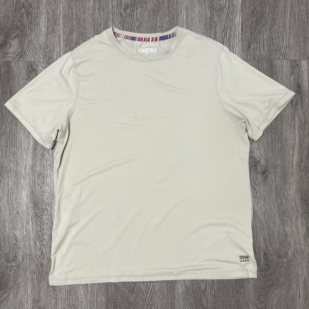 Wowie T-Shirt Mens Large Tan Performance Flaneur Horizon Shirt Tech Gym Vuori